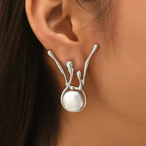 Vintage Asymmetrical Silver Pearl Earrings