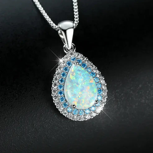 Chic Blue Opal Teardrop Sparkling Pendant Necklace