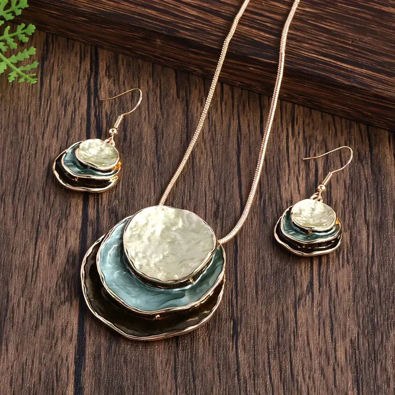 Retro Blue Stacked Gemstone Jewelry Set (Necklace + Earrings)