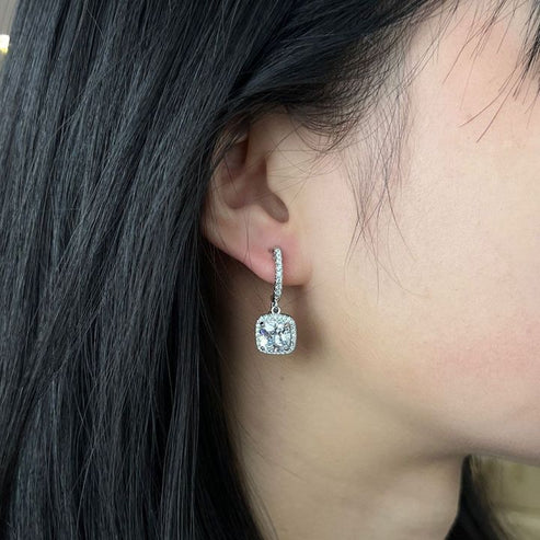 Square Moissanite Drop Earrings with Halo Design