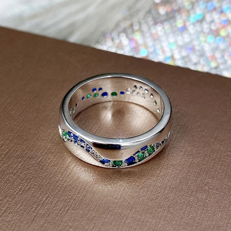 Vintage Silver Wave Band adorned with Blue and Green Gemstones