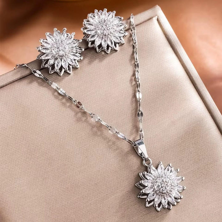 Elegant Silver Sunflower Zircon Jewelry Collection: Necklace and Earring Set