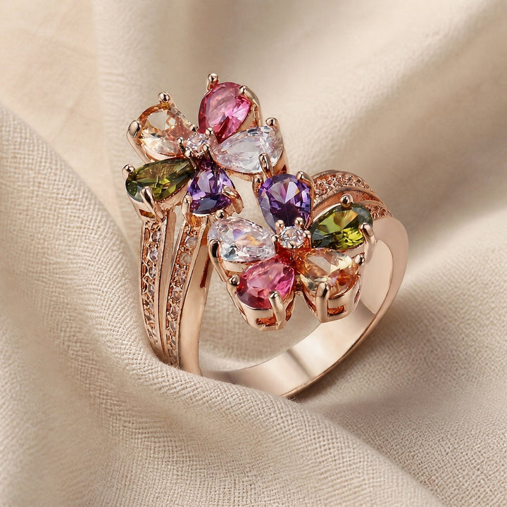 Colorful Zirconia Double Blossom Ring