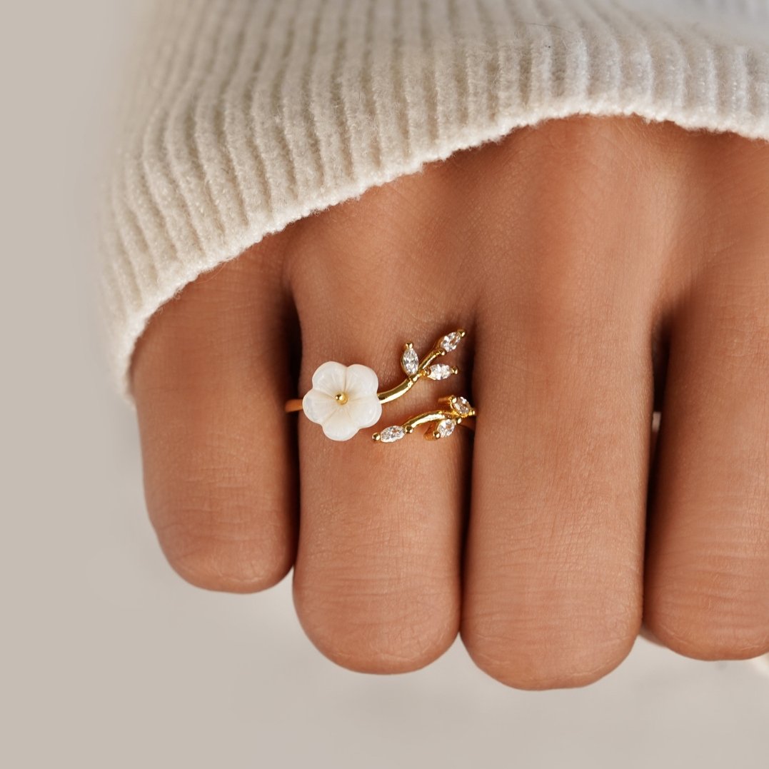 Gold Leaf-Inspired Open Ring with Floral Accents