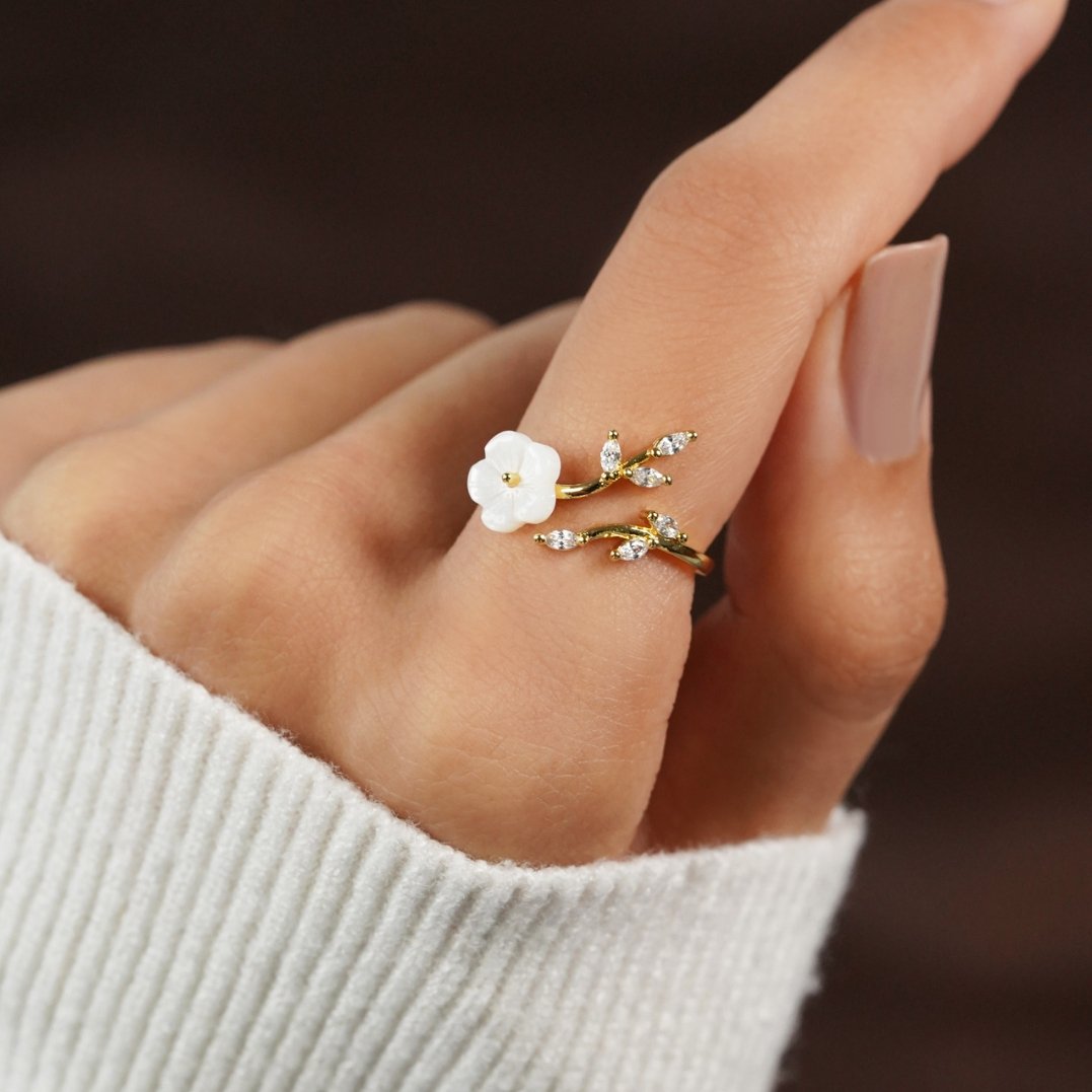 Gold Leaf-Designed Open Ring with Floral Accents