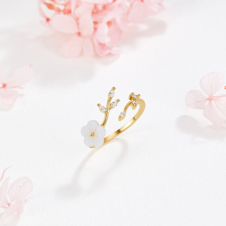 Gold Leaf and Floral Design Open Ring